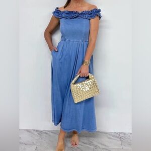 Off Shoulder Denim Ruffle Maxi Dress